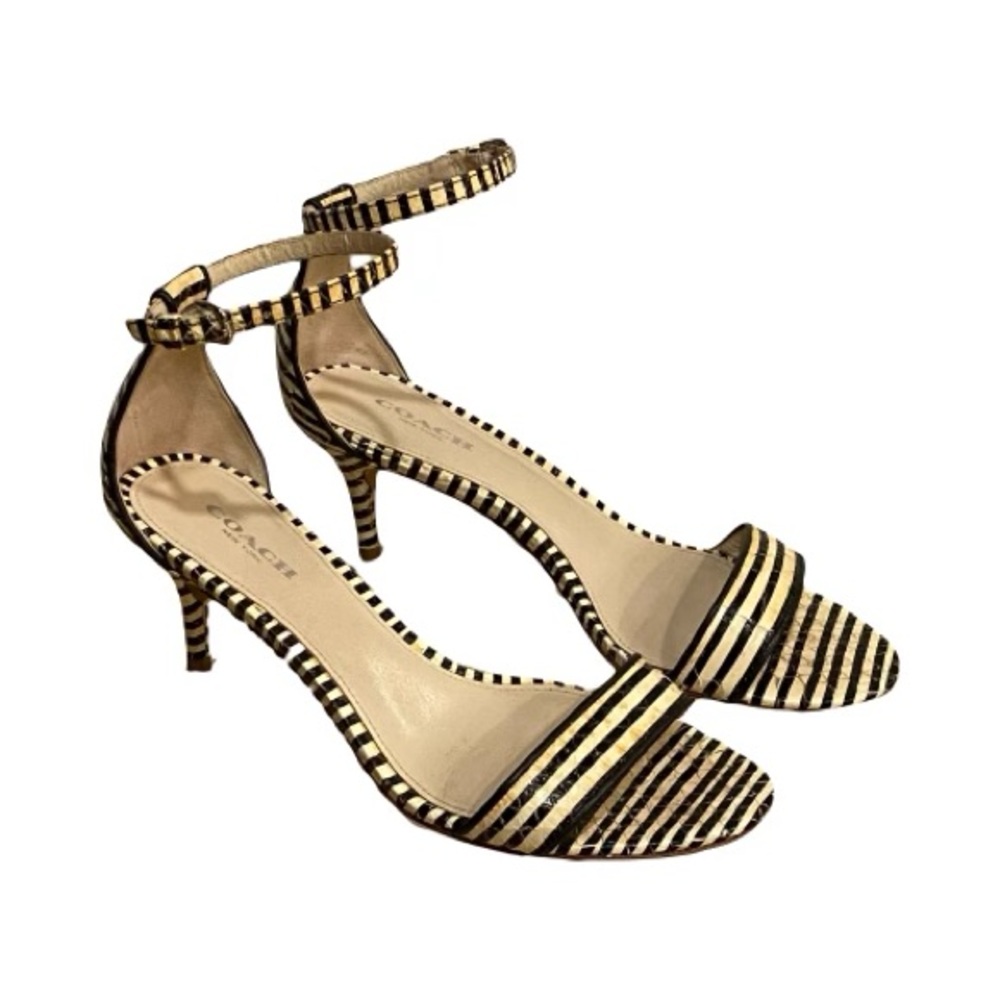 Coach Black and Tan Ankle Strap Heels Sandals, Size 6.5B